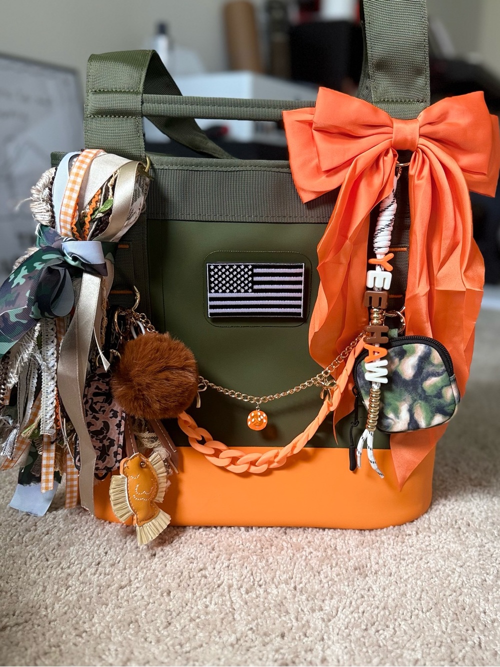 Yeti Olive Green and Bright Orange Tote with Charms